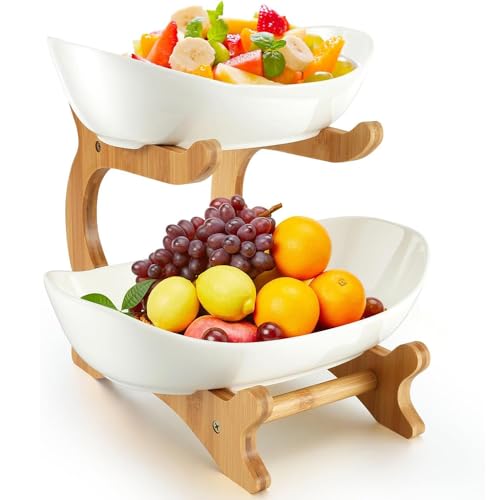 2 Tier Fruit Basket, Vegetable Bread Basket Fruit Bowl Storage Stand with Bamboo Wood Stand Porcelain Fruit Basket for Vegetable Storage for Kitchen Counter Snack Dessert Cake Tray Plate Rack
