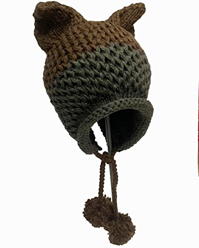 Sunone11Sunone11 Fox Ears Beanie Winter Warm Handmade Knitting Hats Pompom Caps Patchwork Crochet Headpiece Brown Gray #TOP2