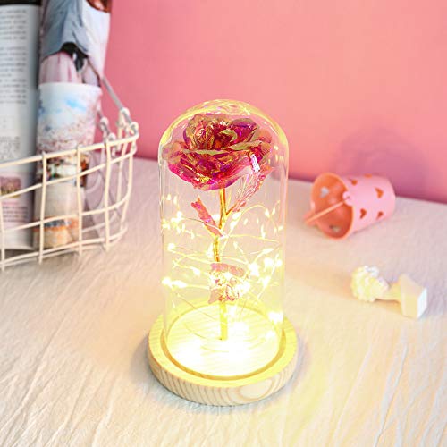 YOJINKE Rosa de A Bela e a Fera de Galáxia, com contas douradas em cúpula de vidro em base de madeir