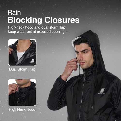 Image of Amazon Brand - Symactive Raincoat with Jacket, Pants, Hood and Carry Bag | Polyester Shell with Heat Sealed PVC Lining | Inner Mobile Pocket | Plastic Peak Hood | Unisex, Black, S