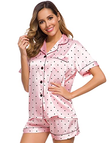 Image of SWOMOG Womens Silk Satin Pajamas Set Short Sleeve Sleepwear Button Down Top and Shorts Loungewear 2 Piece Pjs Set XS-3XL