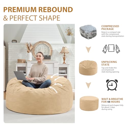 4FT Bean Bag Chair, Large Bean Bag Chairs with Memory Foam Filled, Fluffy Beanbag Sofa with Dutch Velvet Cover, Round BeanBag Chairs for Living Room, Playroom - Khaki