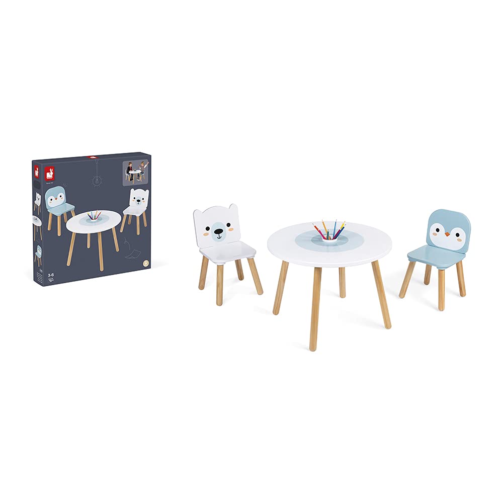 Janod - Tavolo e 2 Sedie Banchisa in Legno - Tavolino Rotondo per Bambini con Portapenne Rimuovibile - 1 Sedia Orso Bianco e 1 Sedia Pinguino - Ideale per Bambini da 3 a 6 Anni, J09650