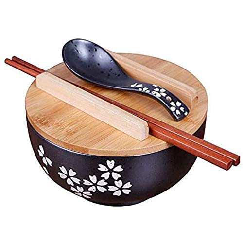 Yiyu Ramenchüssel del Japonés con Tapa Cuchara Negro Ramen Cuenco De Arroz Instantáneo Tazón Plato De Fideos A Mano De La Cerámica j (Color : Black)