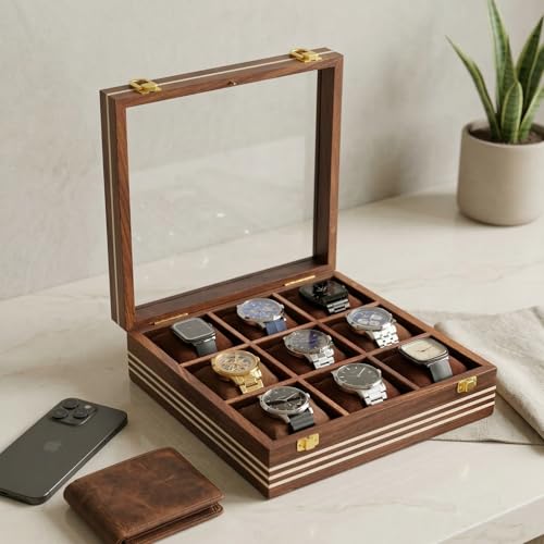 Image of Wooden Watch Box, Storage Organizer, Watch Display Case, Jewelry Holder, Gift for Men & Women - Rosewood Crafted, 3-12 Slots (Nine Slots)