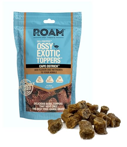 ROAM Dog Treats Ossy Exotic Dog Topper - Single Protein, Sustainably Raised Ostrich Meat Dog Food Topper - Non-GMO Ostrich Dog Treats 4 Ounce