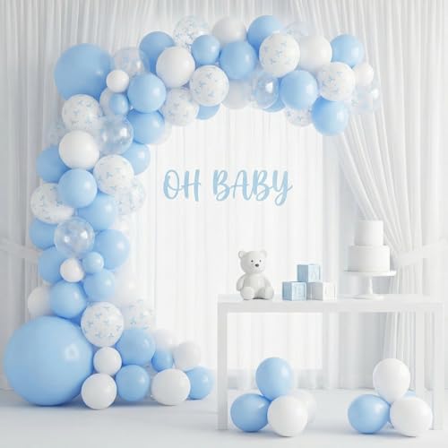Image of HILAVO Blue Bow Balloons, 12 Inch Pastel Light Blue Transparent White Bow Print Coquette Balloon for Girls Birthday Bachelorette Party Bridal Baby Shower Wedding Anniversary Decorations Supplies