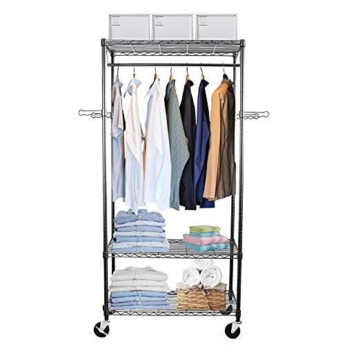 Image of Rolling Clothes Rack with Wheels, Large Heavy Duty Clothing Rack with Shelves, Adjustable Metal Garment Racks Closet Organizer Rack for Hanging Clothes, 35 inch D x 18 inch W x 74.4 inch H