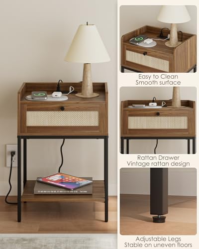 Image of Masupu Nightstand with Charging Station, Modern Bedside Table Night Stand with Storage Drawer and Shelf,Small End Side Table for Bedroom,Living Room,Walnut Brown
