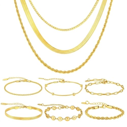 GMWGMW 18K Gold Plated Necklace Bracelet Set Womens Stackable Adjustable Stainless Steel Minimalist Modern Everyday Jewelry Gift Gold and Silver