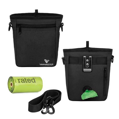 VANNMESTER Dog Treat Pouch with Magnetic Closure Treat Bag for Dog Training Dog Food Bag Dog Walking Bag Dog Fanny Pack with Dog Poop Bag Dispenser Pet Treat Pouch with Shoulder Strap (Black)