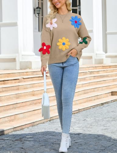 Image of Women Floral Sweater Casual Colorful Flower Knit Pullover Top