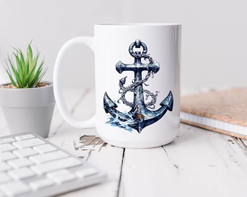 Taza de cerámica náutica con ancla 15oz miniatura 3
