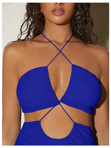 Image of MakeMeChic Women's Sleeveless Criss Cross Halter Dress Cut Out High Waisted Split Thigh Maxi Sundress Royal Blue Medium