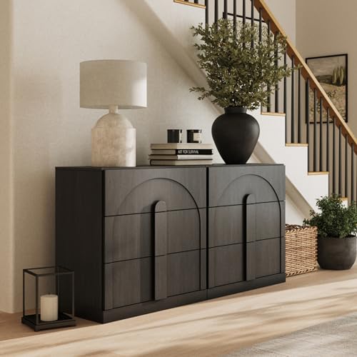 Image of BELLEZE Sideboard Cabinet with 3 Drawers, Set of 2 Modern Wood Buffet Cabinet with Arc Design, Large Fluted Sideboard with Storage for Kitchen Living Room Entryway, Ebony