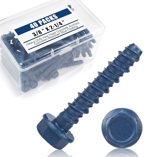 Therwen 40 Pack 3/8 x 2-1/4 Inch Concrete Screws Hex Washer Head, Blue