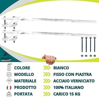 parpyon® Bracci Stendibiancheria da balcone esterno, Stendibiancheria da parete o ringhiera in ferro per filo per stendere il bucato prodotto 100% Italiano (Fisso c/piastra, Bianco)