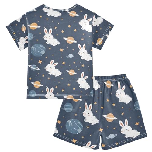 ALAZA Rabbit Space Planet Star Pajamas Set Short Sleeve Cotton Sleepwear Summer Pjs 2 Piece 5-14Y2
