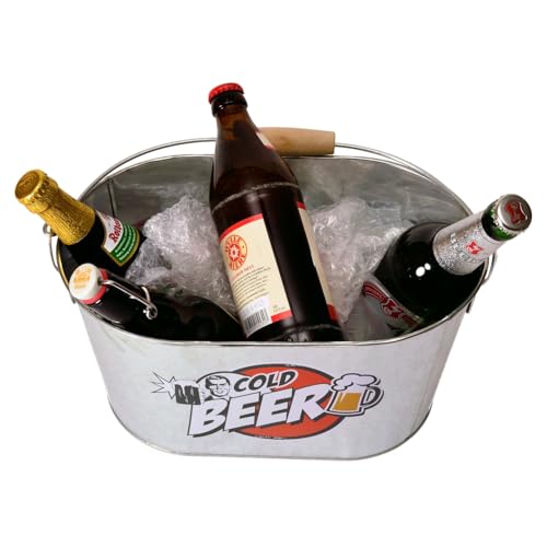 Out of the blue ovaler Metalleimer, Cold Beer, mit Holzhenkel und Griff, 2 Flaschenöffner INKL., ca. 26 x 13 cm, Silber, 26 x 13 x 4 cm