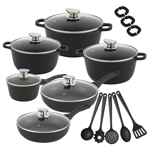 Set di Pentole 23 Pezzi Antiaderente con Coperchi in Vetro – Batteria di Pentole e Padelle con Manici Removibili, Mestoli e Accessori in Silicone – Adatte a Tutti i Piani di Cottura, Induzione Inclusa
