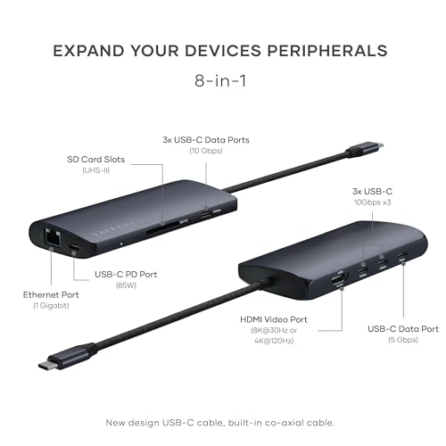 Image of Satechi 8-in-1 USB-C Hub V3, 8K HDMI, Multiport Adapter, Ethernet, Midnight