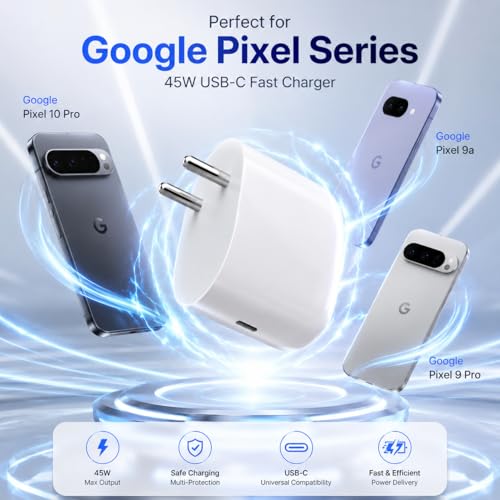 Image of Google 45W Type C Rapid Charging Adapter with 1M USB C Cable for Google 10,9, Pro, XL, Fold, A,8,8 Pro,7, 7 Pro, Pixel Tablet /Slate /Chromebook,4a,4a Pro| Support Other USB C 45 W Quick Charger, White
