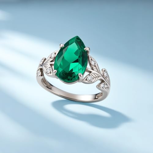 Leaf Pear-Cut Engagement Ring 3 ct lab grown Emerald Solitaire Green Stone Solid 10k 14k 18k Gold Retro Wedding Band Womens Engraved Promise Birthday for Women Wife3