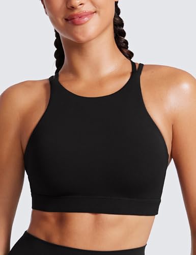 CRZ YOGA Womens Butterluxe High Neck Longline Sports Bras - Criss Cross Halter Wireless Padded Gym Workout Crop Top2