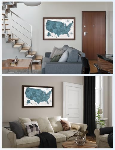Image of IPIC - Large Custom USA Map Wall Art, Push Pin Map with Custom Names to Track Your Travels, Vintage Teal Farmhouse Style Framed Canvas Wall Decor for Home, Office or RV, Ready to Hang
