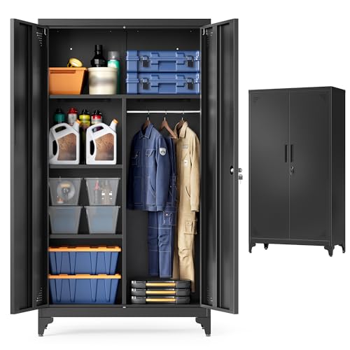 SONGMICS Armario, Mueble de Almacenamiento Metálico, con 2 Puertas, 5 Compartimentos, Barra para Perchas, con Cerradura, Patas Altas, 80 x 40 x 165 cm, Negro Mate OMC018BD01