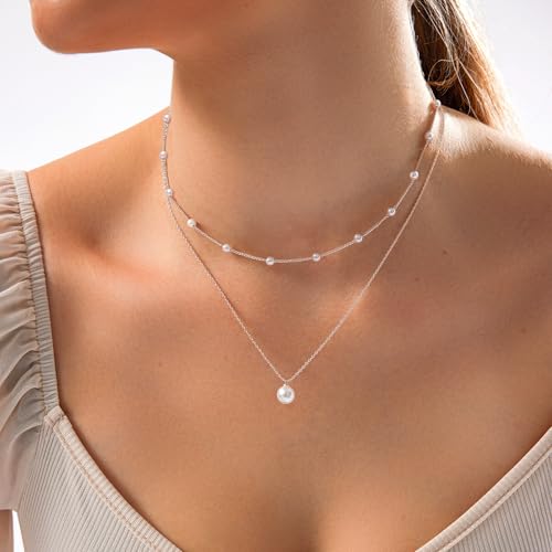 Image of Zeffy Gold Pearl Necklace for Women, Dainty 14K Gold /Silve Plated Layered Pearl Choker Pearl Earrings Pearl Bracelets Wedding Trendy Gold Jewelry Set for Women Gifts