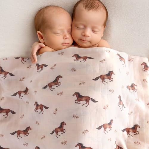 Image of LifeTree Baby Swaddle Blankets, Boys Girls Muslin Swaddling Wrap Receiving Blanket for Newborn, 70% Viscose from Bamboo and 30% Cotton, Large 47 inch x 47 inch, Horse and Blue Checkered Pattern