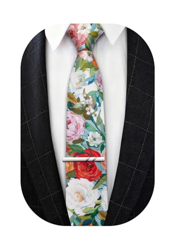 Image of Barry.Wang 100% Cotton Floral Ties for Men 63 inch Extra Long Necktie Clip