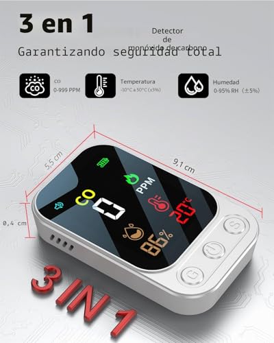 Miniatura 2 de Yereadw Detector De Monóxido De Carbono Portátil 3 En 1, Detector De Monóxido De Carbono Recargable Con Indicador De Temperatura Y Humedad, Portátil Para El Hogar, Caravana, Camping Blanco