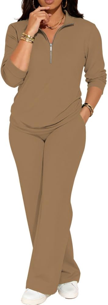 PINSV Women's 2 Piece Outfits Sweatsuit Lapel Half Zip Sweatshirts Wide Leg Pants Set Tracksuit - Image 3