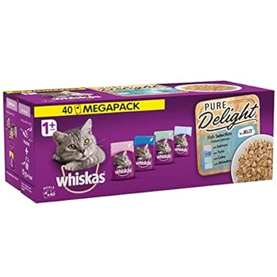 Whiskas 1+ Cat Wet Food in Pouch Mega Pack for Adult Cats, Pure Delight Fish Selection in Jelly, 40x 85g