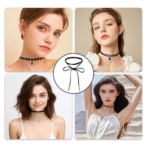 10 Stück Choker Kette Damen Set,Choker Halskette Schwarze,Samt Leder Halsband Velvet Collier Joker Kette,Gothic Classic Kropfband Tattoo,Spitze Necklace Schmuck Geschenk für Frauen Mädchen Teenager