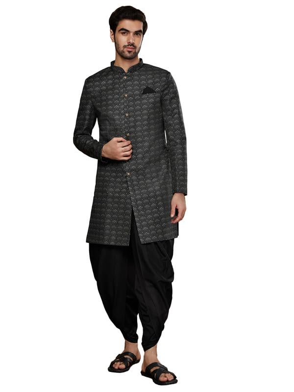 Kisah Men's Sherwani Dhoti Set, Indo-Western Black Silk Blend, Woven Design Regular Fit Mandarin Collar Long Sleeves (42)