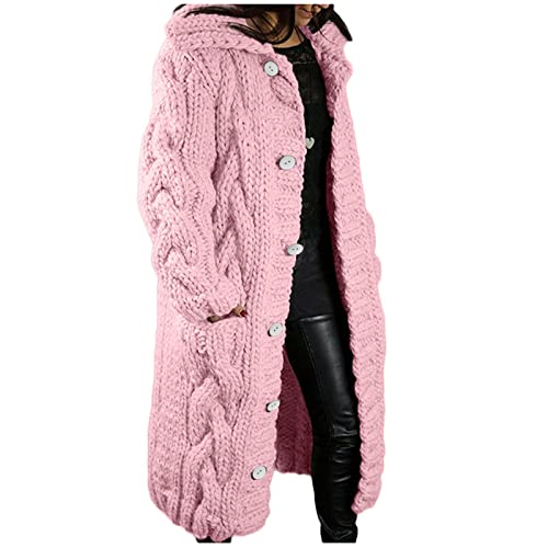 Huoghebg Strickjacke Damen Lang-Strickmantel Lang Oversize Einreihige Grobstrick-Longstrickjacke Mit Kapuze KnöPfe Strickcardigan-Grobstrickjacke Elegant Cardigan Zopfmuster-Strickjacken mit Tasche