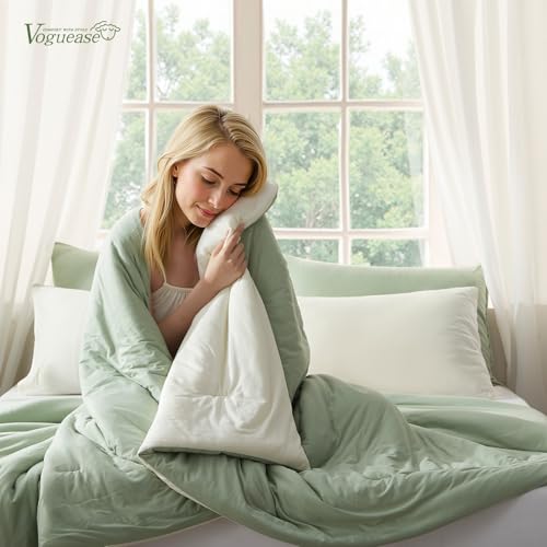 Image of Queen Comforter Set, Comforters Queen Size Luxury and Ultra-Soft Jersey Knit Bedding Sets, Sage Green /Beige Lightweight Down Alternative Comforte Queen for All Season, 3 Piece Bedding Setrey