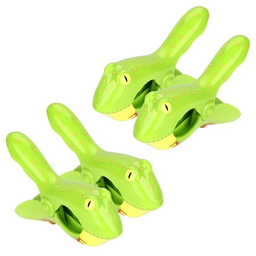 CAIRIAC Frog Beach Towel Clips, Windproof Plastic Clothespins for Beach Pool Chairs, Animal Towel Laundry Clips for Home, Green Towel Clips for Lounge Chairs, Beach Clips for Towels (4 Packs, Green)