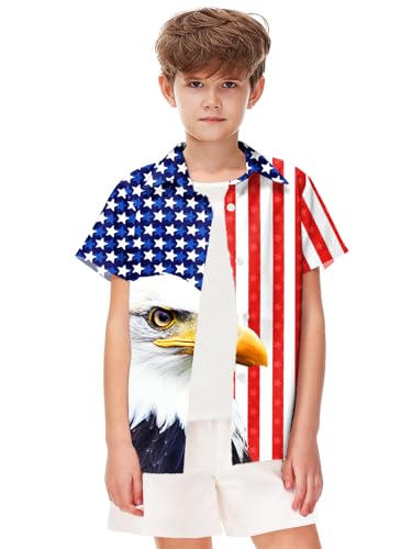 Image of Remimi Unisex Kids 4th of July Button Up Shirt Boys American Flag Print Hawaiian Beach Short Sleeve Tops 5-14 Years