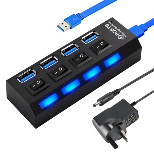 Powered USB Hub 3.0 USB Hub Powered 4 Port with Individual LED Power Switches for Laptop Desktop USB3.0 Extension Splitter Including 5V 2A Power Adapter