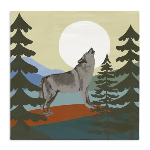 Grey Wolf Moon Woodland Trees, 17 x 17 Inch Canvas Wall Art