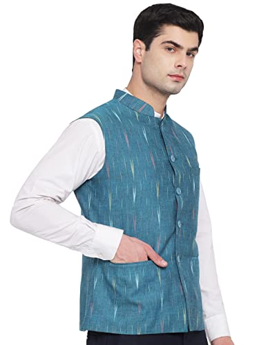 Image of Vastraa Fusion Mens Ikat Printed Cotton Nehru Jacket (VS4503-42 Teal Green-Small Arrow 42)