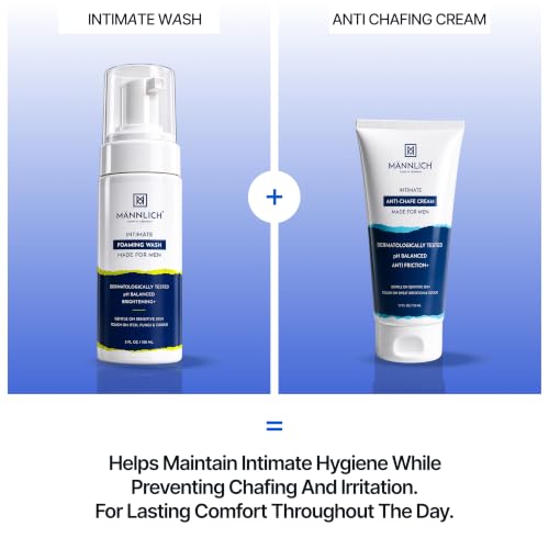 Image of Mannlich Anti Chafing Cream for Men, Anti-Rash Cream for Intimate Areas, Reduces Inner Thigh Rashes from Sports and Fitness Activities (50 ml) & Intimate Foaming Wash (150 ml) pH Balanced, 1% Salicylic & Lactic Acid, Dermatologically Tested