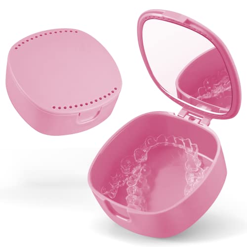 Reinmoson (2Pack) Pink Retainer Case with Vent Holes Mirror for Aligner, Dental Mouthguard Case, Partial Denture Holder Case, Mouthpiece Case for Teen Girls Women Kids Adults Travel