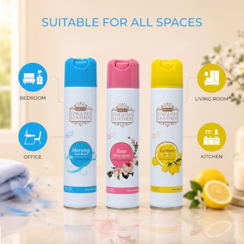 Image of Next Care English Leather Air Freshener Spray 220ml Each | Long Lasting Room Freshener for Home, Office & Car | Odour Eliminator (Rose, Morning & Lemon)