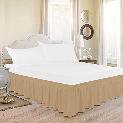 Image of Wrap Around Dust Ruffled Bed Skirt 18 inch Inch Tailored Drop Fade Resistant Brushed Microfiber Bed Skirt -Double Bed | Beige
