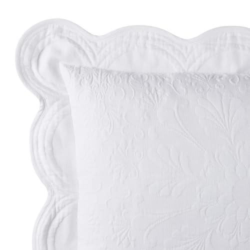 Charleston Estate Modern Farmhouse Floral Matelasse Decorative Pillowcase with Scalloped Edges, 100% Cotton Breathable Bedding, Euro Sham (26" x 26"), White Floral